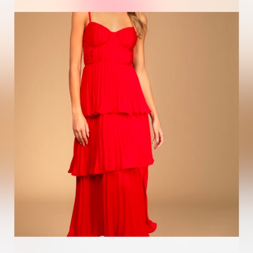 Lulu’s Cascading Crush Red Tiered Bustier Midi Dress